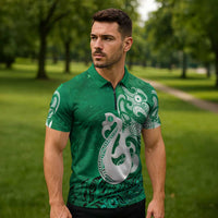 New Zealand Matariki Zipper Polo Shirt Maori Manaia Galaxy Silver Fern Green Color