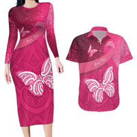 New Zealand Breast Cancer Awareness Couples Matching Long Sleeve Bodycon Dress and Hawaiian Shirt Pink Ribbon Butterfly Maori Pattern LT22 Pink - Polynesian Pride