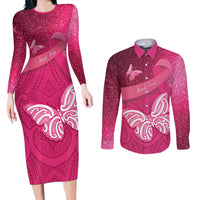 New Zealand Breast Cancer Awareness Couples Matching Long Sleeve Bodycon Dress and Long Sleeve Button Shirt Pink Ribbon Butterfly Maori Pattern