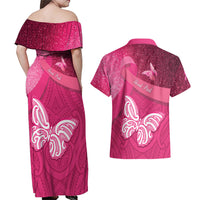 New Zealand Breast Cancer Awareness Couples Matching Off Shoulder Maxi Dress and Hawaiian Shirt Pink Ribbon Butterfly Maori Pattern