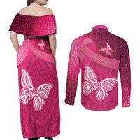 New Zealand Breast Cancer Awareness Couples Matching Off Shoulder Maxi Dress and Long Sleeve Button Shirt Pink Ribbon Butterfly Maori Pattern
