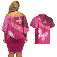 New Zealand Breast Cancer Awareness Couples Matching Off Shoulder Short Dress and Hawaiian Shirt Pink Ribbon Butterfly Maori Pattern