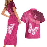 New Zealand Breast Cancer Awareness Couples Matching Short Sleeve Bodycon Dress and Hawaiian Shirt Pink Ribbon Butterfly Maori Pattern LT22 - Polynesian Pride