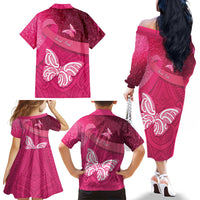 New Zealand Breast Cancer Awareness Family Matching Off The Shoulder Long Sleeve Dress and Hawaiian Shirt Pink Ribbon Butterfly Maori Pattern