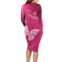 New Zealand Breast Cancer Awareness Long Sleeve Bodycon Dress Pink Ribbon Butterfly Maori Pattern