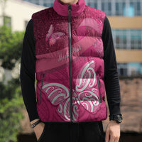 New Zealand Breast Cancer Awareness Sleeveless Puffer Jacket Pink Ribbon Butterfly Maori Pattern