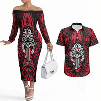New Zealand Maori Language Week Couples Matching Off The Shoulder Long Sleeve Dress and Hawaiian Shirt Te Wiki O Te Reo Maori Hei Tiki LT22 Red - Polynesian Pride