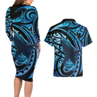 New Zealand Matariki Couples Matching Long Sleeve Bodycon Dress and Hawaiian Shirt Maori Humpback Whale Galaxy
