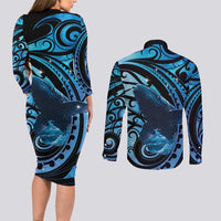 New Zealand Matariki Couples Matching Long Sleeve Bodycon Dress and Long Sleeve Button Shirt Maori Humpback Whale Galaxy