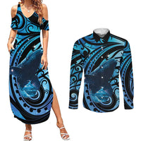 New Zealand Matariki Couples Matching Summer Maxi Dress and Long Sleeve Button Shirt Maori Humpback Whale Galaxy