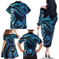 New Zealand Matariki Family Matching Off The Shoulder Long Sleeve Dress and Hawaiian Shirt Maori Humpback Whale Galaxy
