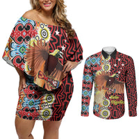 Personalised Papua New Guinea Pidgin Language Week Couples Matching Off Shoulder Short Dress and Long Sleeve Button Shirt Halo Olgeta Tok Pisin Wik Bird Of Paradise Oro Batik LT22 Red - Polynesian Pride