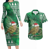 New Zealand Kakapo Christmas In July Couples Matching Long Sleeve Bodycon Dress and Hawaiian Shirt Silver Fern Santa Xmas Green Color LT22 Green - Polynesian Pride