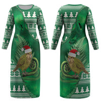 New Zealand Kakapo Christmas In July Couples Matching Long Sleeve Bodycon Dress and Hawaiian Shirt Silver Fern Santa Xmas Green Color LT22 - Polynesian Pride