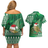 New Zealand Kakapo Christmas In July Couples Matching Off Shoulder Short Dress and Hawaiian Shirt Silver Fern Santa Xmas Green Color