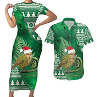 New Zealand Kakapo Christmas In July Couples Matching Short Sleeve Bodycon Dress and Hawaiian Shirt Silver Fern Santa Xmas Green Color