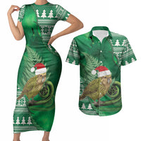 New Zealand Kakapo Christmas In July Couples Matching Short Sleeve Bodycon Dress and Hawaiian Shirt Silver Fern Santa Xmas Green Color LT22 Green - Polynesian Pride