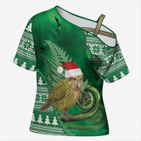New Zealand Kakapo Christmas In July Cross Shoulder Shirt Silver Fern Santa Xmas Green Color