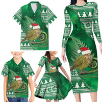 New Zealand Kakapo Christmas In July Family Matching Long Sleeve Bodycon Dress and Hawaiian Shirt Silver Fern Santa Xmas Green Color