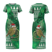 New Zealand Kakapo Christmas In July Family Matching Short Sleeve Bodycon Dress and Hawaiian Shirt Silver Fern Santa Xmas Green Color LT22 Mom's Dress Green - Polynesian Pride