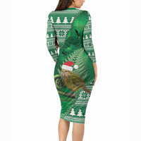 New Zealand Kakapo Christmas In July Long Sleeve Bodycon Dress Silver Fern Santa Xmas Green Color LT22 - Polynesian Pride