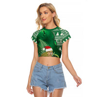 New Zealand Kakapo Christmas In July Raglan Cropped T Shirt Silver Fern Santa Xmas Green Color