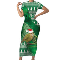 New Zealand Kakapo Christmas In July Short Sleeve Bodycon Dress Silver Fern Santa Xmas Green Color