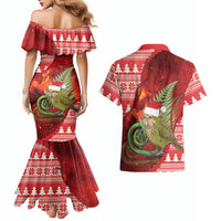 New Zealand Kakapo Christmas In July Couples Matching Mermaid Dress and Hawaiian Shirt Silver Fern Santa Xmas Red Color