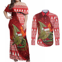 New Zealand Kakapo Christmas In July Couples Matching Off Shoulder Maxi Dress and Long Sleeve Button Shirt Silver Fern Santa Xmas Red Color