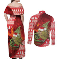 New Zealand Kakapo Christmas In July Couples Matching Off Shoulder Maxi Dress and Long Sleeve Button Shirt Silver Fern Santa Xmas Red Color