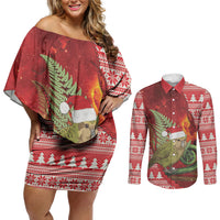New Zealand Kakapo Christmas In July Couples Matching Off Shoulder Short Dress and Long Sleeve Button Shirt Silver Fern Santa Xmas Red Color LT22 Red - Polynesian Pride