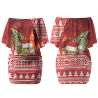 New Zealand Kakapo Christmas In July Couples Matching Off Shoulder Short Dress and Long Sleeve Button Shirt Silver Fern Santa Xmas Red Color LT22 - Polynesian Pride