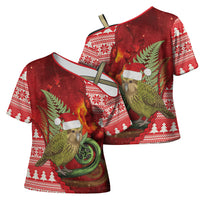 New Zealand Kakapo Christmas In July Cross Shoulder Shirt Silver Fern Santa Xmas Red Color