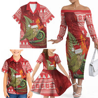 New Zealand Kakapo Christmas In July Family Matching Off The Shoulder Long Sleeve Dress and Hawaiian Shirt Silver Fern Santa Xmas Red Color LT22 - Polynesian Pride