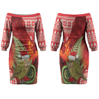 New Zealand Kakapo Christmas In July Family Matching Off The Shoulder Long Sleeve Dress and Hawaiian Shirt Silver Fern Santa Xmas Red Color LT22 Mom's Dress Red - Polynesian Pride
