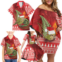 New Zealand Kakapo Christmas In July Family Matching Off Shoulder Short Dress and Hawaiian Shirt Silver Fern Santa Xmas Red Color