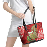 New Zealand Kakapo Christmas In July Leather Tote Bag Silver Fern Santa Xmas Red Color