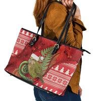 New Zealand Kakapo Christmas In July Leather Tote Bag Silver Fern Santa Xmas Red Color