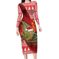 New Zealand Kakapo Christmas In July Long Sleeve Bodycon Dress Silver Fern Santa Xmas Red Color