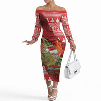New Zealand Kakapo Christmas In July Off The Shoulder Long Sleeve Dress Silver Fern Santa Xmas Red Color LT22 Women Red - Polynesian Pride