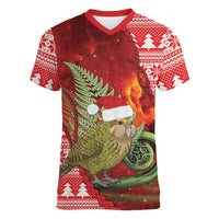 New Zealand Kakapo Christmas In July Women V-Neck T-Shirt Silver Fern Santa Xmas Red Color