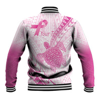 Breast Cancer Awareness Personalised Baseball Jacket Pink Ribbon Turtle Polynesian Pattern White