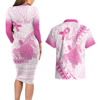 Breast Cancer Awareness Personalised Couples Matching Long Sleeve Bodycon Dress and Hawaiian Shirt Pink Ribbon Turtle Polynesian Pattern White