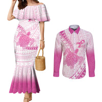 Breast Cancer Awareness Personalised Couples Matching Mermaid Dress and Long Sleeve Button Shirt Pink Ribbon Turtle Polynesian Pattern White LT22 Pink - Polynesian Pride