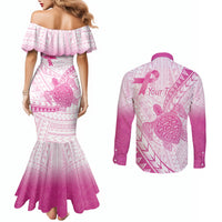 Breast Cancer Awareness Personalised Couples Matching Mermaid Dress and Long Sleeve Button Shirt Pink Ribbon Turtle Polynesian Pattern White LT22 - Polynesian Pride