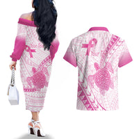Breast Cancer Awareness Personalised Couples Matching Off The Shoulder Long Sleeve Dress and Hawaiian Shirt Pink Ribbon Turtle Polynesian Pattern White