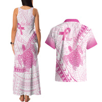 Breast Cancer Awareness Personalised Couples Matching Tank Maxi Dress and Hawaiian Shirt Pink Ribbon Turtle Polynesian Pattern White