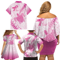 Breast Cancer Awareness Personalised Family Matching Off Shoulder Short Dress and Hawaiian Shirt Pink Ribbon Turtle Polynesian Pattern White