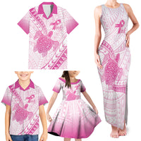 Breast Cancer Awareness Personalised Family Matching Tank Maxi Dress and Hawaiian Shirt Pink Ribbon Turtle Polynesian Pattern White