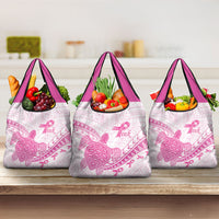 Breast Cancer Awareness Grocery Bag Pink Ribbon Turtle Polynesian Pattern White